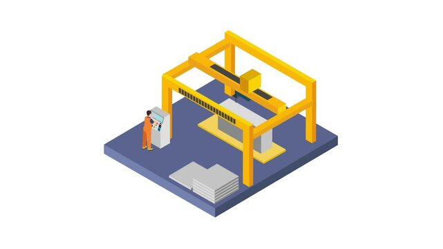 Industrial CNC Machine with Operator in Manufacturing Facility 3d animation cartoon
