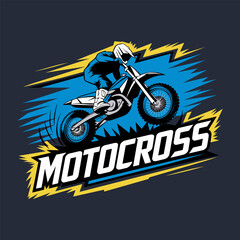 Motocross rider performing an aerial stunt on a dirt bike with vibrant blue and yellow accents