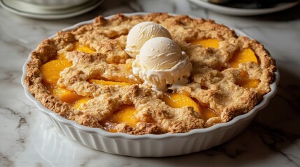 A delicious peach cobbler with creamy ice cream on top for a sweet and comforting dessert experience