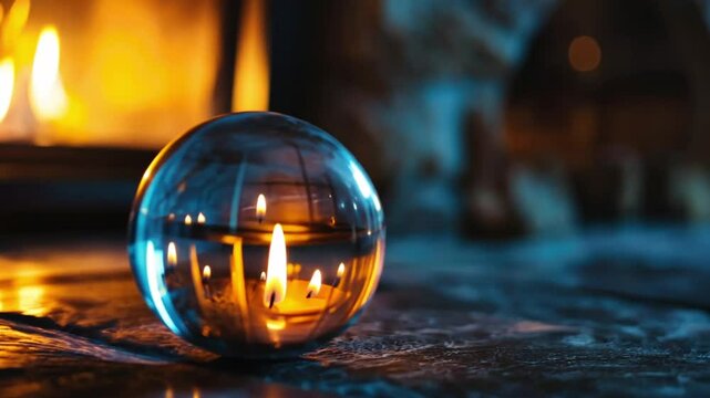 A clear ball is sitting on a stone floor next to a fireplace