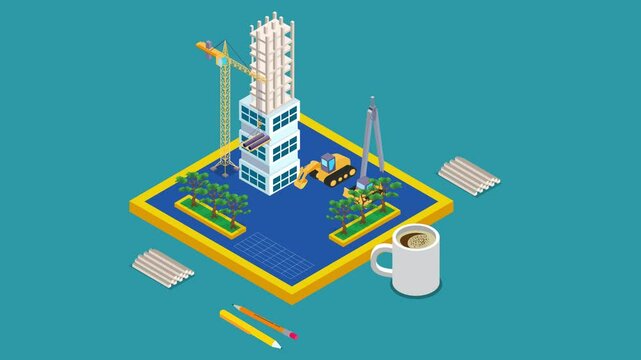 Architectural Planning and Construction Site with Urban Development Elements 3d animation cartoon