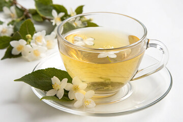 Glass Cup of Aromatic Jasmine Tea on White Background