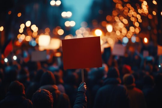 A person holds a red sign in front of a crowd, conveying a message or promoting a cause