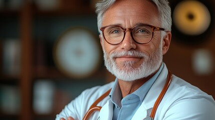 Man in a white lab coat with glasses is smiling. He is a doctor. Concept of warmth and friendliness