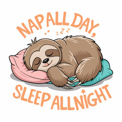Cute sloth resting on a vibrant pink pillow and soft blue blanket