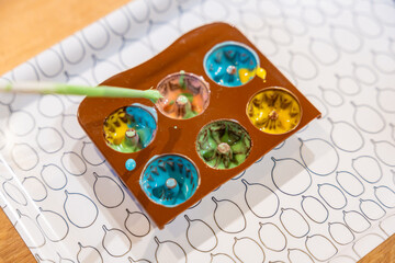 Process making chocolate candies at the Chocolate Museum in Prague. A hands-on experience showcasing traditional chocolate-making techniques