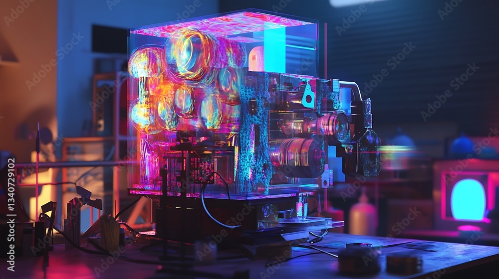 Wall mural complex machine in transparent casing with glowing components close-up