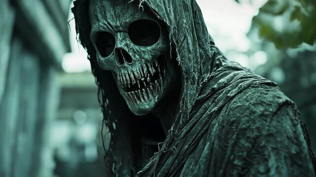 A creepy looking man with a hooded cape and a skull on his face