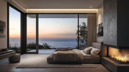Modern bedroom with a sleek built-in fireplace, a soft gray color palette, and a cliffside ocean view framed by large, frameless glass windows.