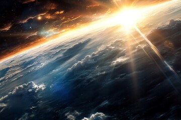planet earth viewed from above with bright sun and stars, Generative AI