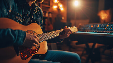 Obraz premium Live music performance with guitarist in studio acoustic session warm ambiance