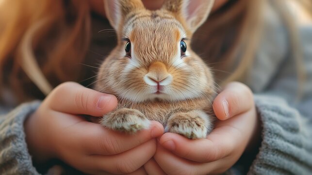 Small rabbit is being held by a child in their arms. The rabbit is brown and has big eyes. The child is smiling and seems to be enjoying the moment