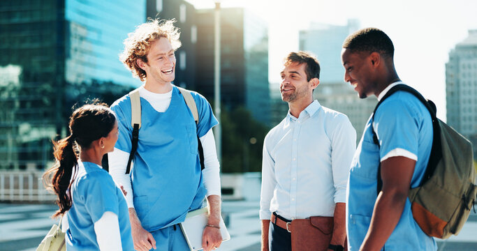 Smile, professor and group students in city for medical study, nursing program and healthcare opportunity. People, teacher and funny joke of morning commute, learning internship and university course