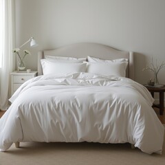 Obraz premium Minimalist Bedroom with a White Bedspread and Simple Decor