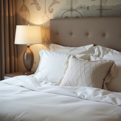  Hotel Room with a Comfortable Bed and a Table Lamp