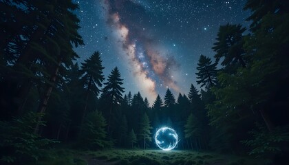 A captivating view of a forest entrance beneath a sparkling starry sky, evoking a sense of wonder and adventure.