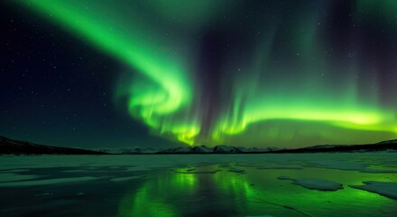 Northern Lights Display with Reflection Over Frozen Landscape at Night