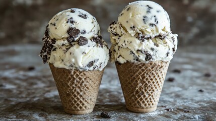 Two ice cream cones filled with chocolate chips and cookies and cream flavor perfect for a sweet delight with copy space