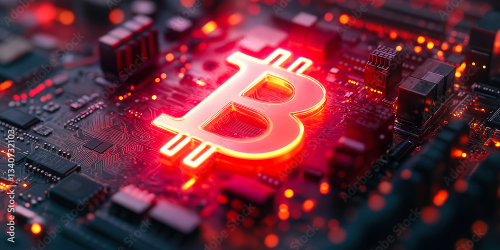 Poster illuminated bitcoin symbol on circuit board with neon circuit lines and dark background 3d rendering
