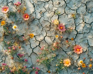 Cracked Earth with Blooming Wildflowers, Symbolizing Hope and Recovery amid Environmental Distress – Generative AI