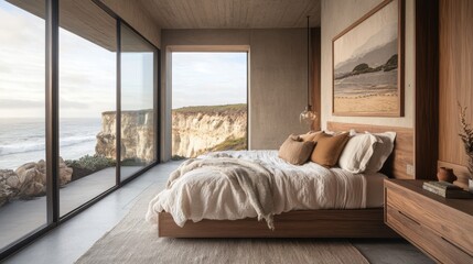 Eco-friendly bedroom design with sustainable materials, neutral earth tones, and large windows offering views of the cliffs and ocean.