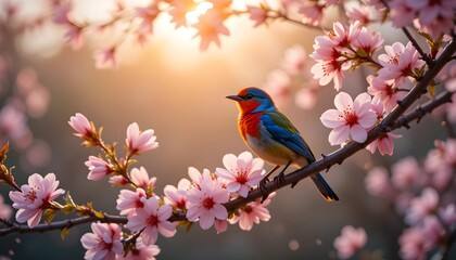 Obraz premium robin on branch with pink flowers