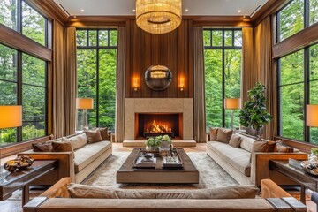 Fototapeta premium A luxurious living room features large windows and comfortable furnishings inside