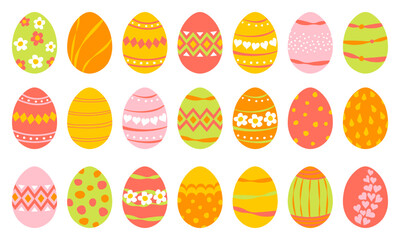 Set of Easter eggs. Patterns of green, red, yellow and white colors. Vector clipart design elements in flat hand drawn style.