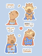 Cute Superhero Capybara stickers. Happy kawaii animal with Heart in hero mask and raincoat with slogans. Vector illustration. Isolated holiday cool Funny character