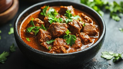 Fototapeta premium A bowl of rich and spicy jamaican curried goat with succulent meat and flavorful sauce ready to enjoy