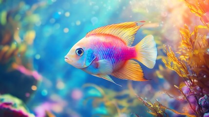 Vibrant fish clipart colorful scales swimming among seaweed and coral in a bright underwater setting