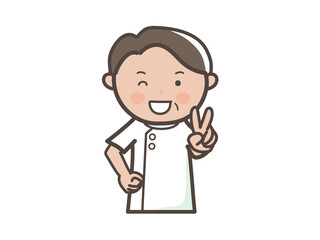 笑顔でピースをする男性整体師（マッサージ師）の上半身イラスト