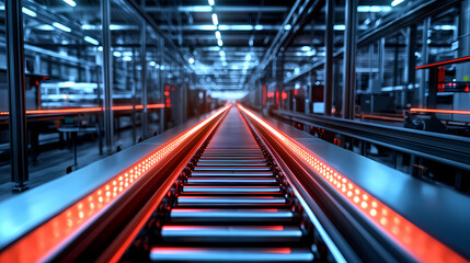 Fototapeta premium A futuristic conveyor belt system illuminated by red lights, set in a modern industrial environment, emphasizing technology and automation.