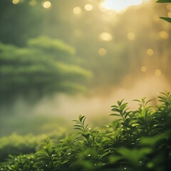 Sun rays pierce through dense forest foliage, illuminating vibrant spring growth