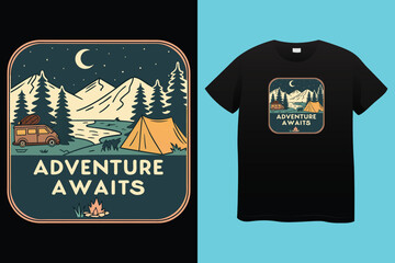 Mountain camping. Adventure at the mountain graphic artwork for t shirt and others. River and waterfall with hill artwork. Mountain with tree vintage print design. good life. Bench hand sketch. 