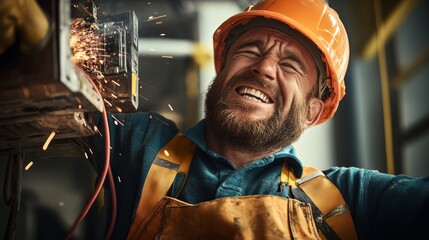 Man in a yellow safety vest and orange helmet is smiling while working with a power tool. Concept of humor and lightheartedness in the midst of a potentially dangerous work environment