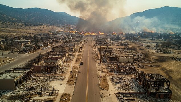 Aerial view of a destroyed town in Colorado, with a wildfire raging through the streets. Buildings on both sides of the street are burned to the ground, and fire is everywhere. 