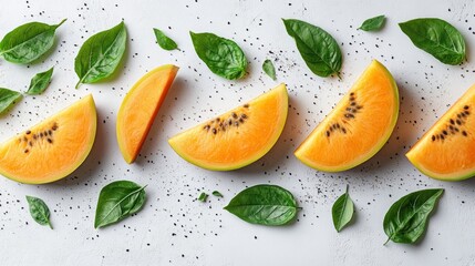 Fresh Cantaloupe Slices with Basil on Light Surface