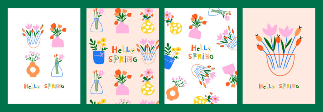 Spring card set with flowers in vase. Vector illustrations