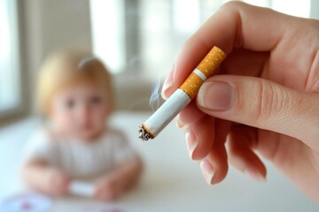A parent is holding a cigarette while standing next to a baby, highlighting the importance of responsible parenting