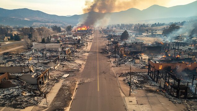 Aerial View of Destroyed Town in Colorado with Wildfire Raging Through Streets, Burned Buildings, Smoke Billowing, Destroyed Houses and Commercial Structures, Burning Mountains in Background, Captured