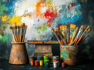 A collection of paint brushes arranged on a table