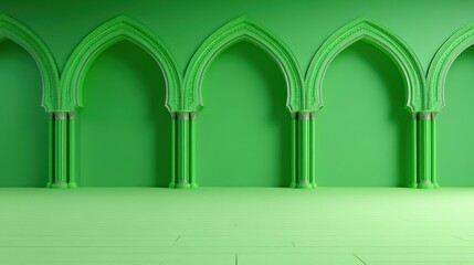 Serene Green Architectural Interior with Ornate Arches