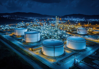 Illuminated oil production facility features large storage tanks and operational equipment under the night sky in a secluded location