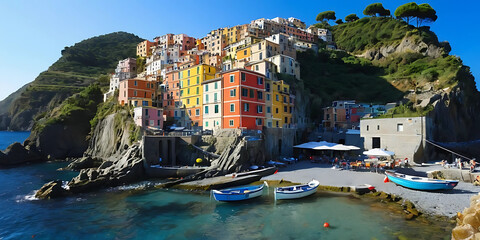 Un pueblo costero en Cinque Terre con casas de colores brillantes, aferradas a acantilados sobre el mar azul profundo. Botes de pescadores pintados en rojo y amarillo flotan suavemente en el puerto.