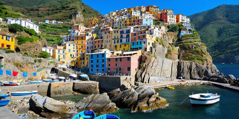 Un pueblo costero en Cinque Terre con casas de colores brillantes, aferradas a acantilados sobre el mar azul profundo. Botes de pescadores pintados en rojo y amarillo flotan suavemente en el puerto.