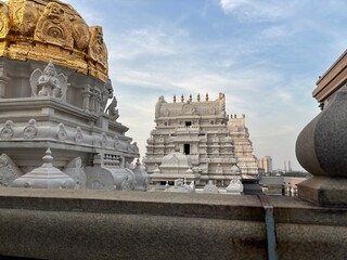 External views of the architecture of iskcon temple bengaluru at sunset