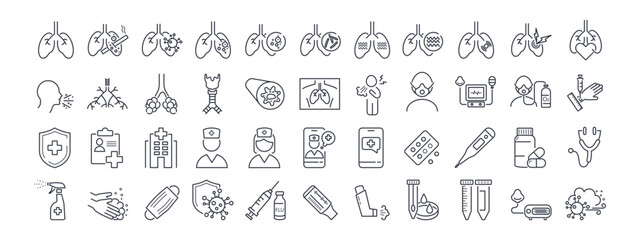  Respiratory Health Vector Line Icons Set. Lungs, diseases (TB, pneumonia, asthma), diagnostics (X-ray, tests), and treatment. Ideal for medical apps, infographics, and websites. Editable Strokes 
