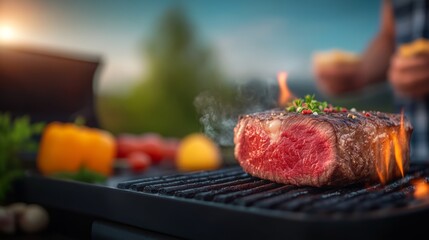Person is cooking a steak on a grill with a lot of vegetables around it. The steak is almost done and the vegetables are ready to be eaten