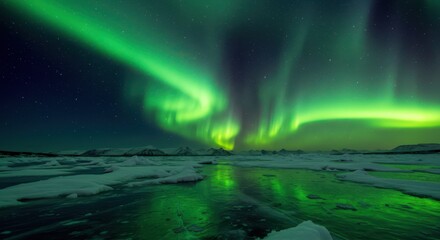 Observing Green Aurora Borealis Over Frozen Land with Star Gazing